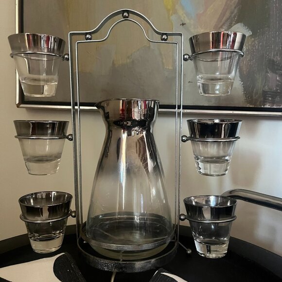 Vtg Queen's Lusterware 8 pc. Cocktail Set w/Stand Dorthy Thorpe Style MCM Cool - Picture 2 of 3